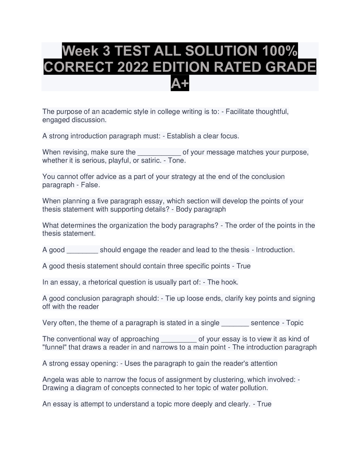 Preview image of Week 3 TEST ALL SOLUTION 100% CORRECT 2022 EDITION RATED GRADE A+ document